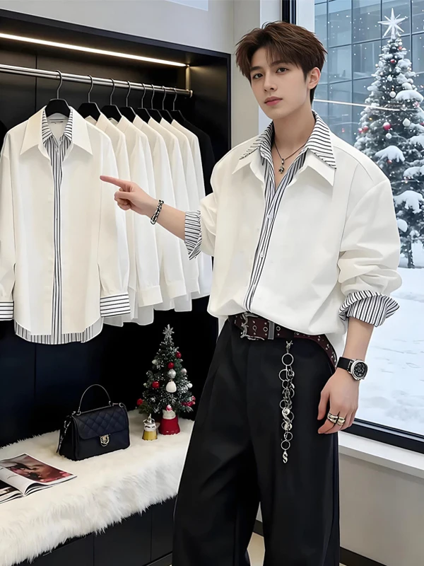 

Casual Striped Long Sve irt Men's Spring White oulder Patchwork Loose Fit Breathable Youthful Sle Button up Coat