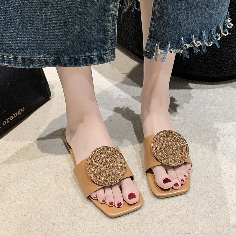 Sandalias planas de talla grande para mujer, zapatos planos con hebilla redonda, zapatillas informales, zapatos de playa a la moda, novedad de verano