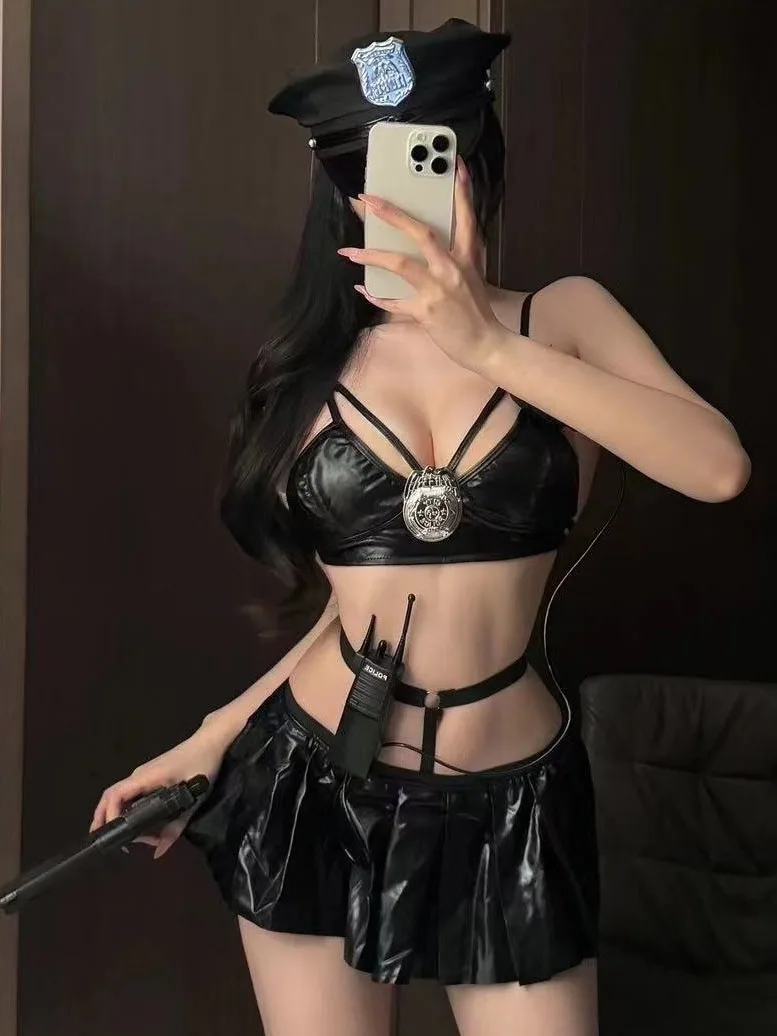 

Сексуальный матовый кожаный бюстгальтер Wild Fem Cop для ролевых игр на Хэллоуин, комплект с юбкой длиной f, этнический сценический костюм для выступлений в ночном клубе