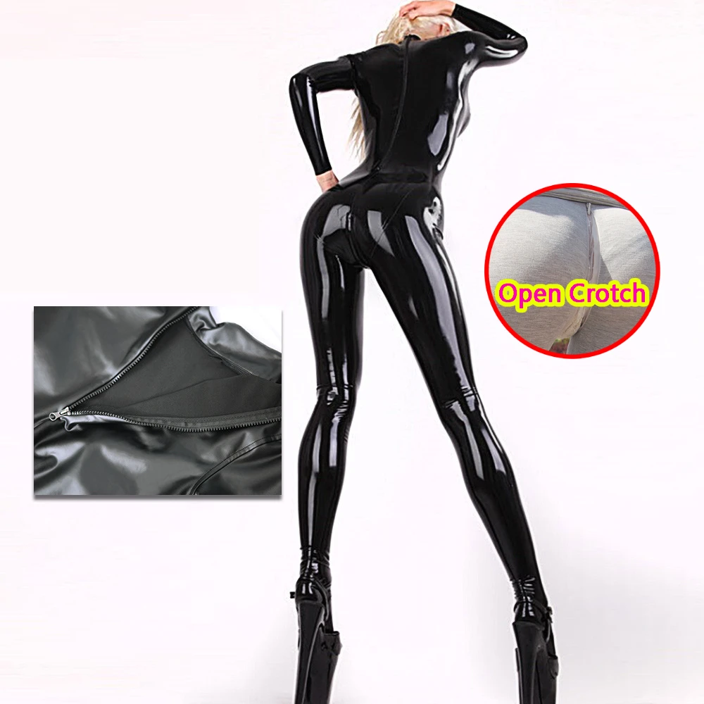 5XL Sexy Open Crotch Bodysuits PU Latex Black Back Zipeer High Collar Jumpsuit One Piece Clothing Skinny Stage Clubwear