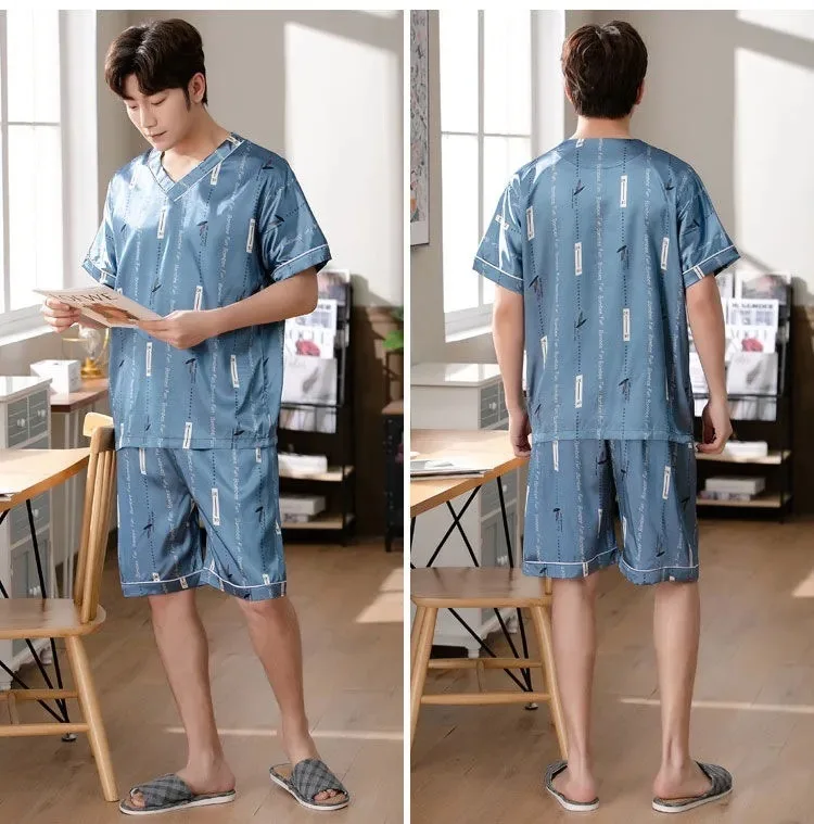 Pyjama Männer Eis Seide Kurzarm Student Homewear zweiteiliges Set von leicht zu reinigenden Kurzarm Shorts Nachtwäsche Lounge wear – Detail 9