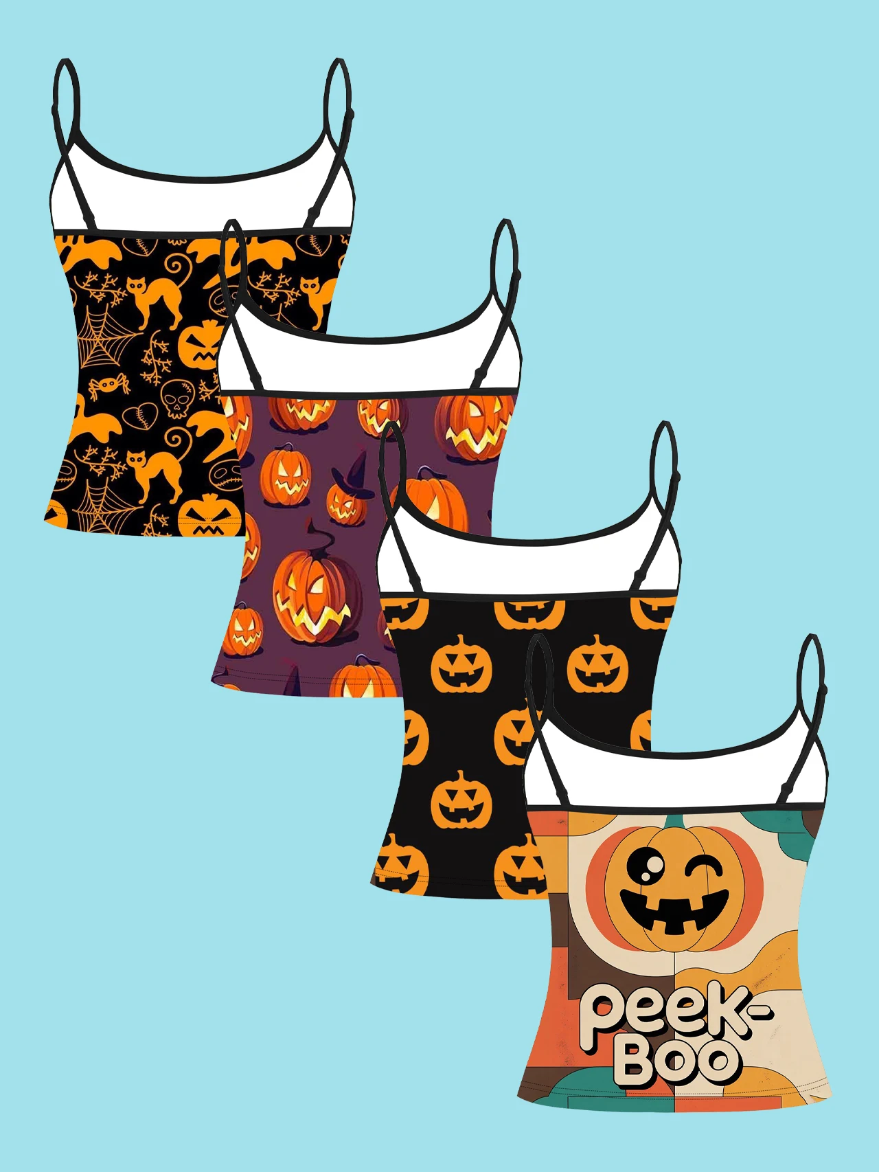 4-Piece Set of Halloween All-Over Print Pumpkin, Black Cat, and Ghost Women's Camisoles, Vintage Cartoon Slim-Fit Spaghetti Strap Short Camisole Tops