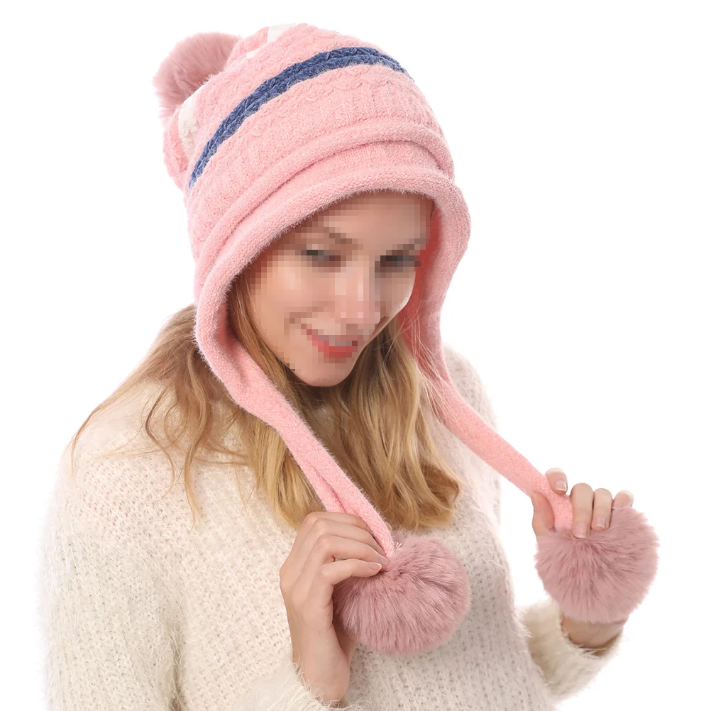

Pink Women Wool Knitted Winter Hat Warm Ski Cap Hair Ball Design Knit Headgear for Adults Outdoor Cold Weather