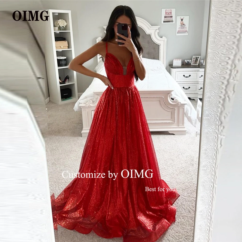 

OIMG Shiny Red Glitter Prom Dresses Spaghetti Straps Sparkly Long Evening Gowns African Women Formal Party Dress Occasion