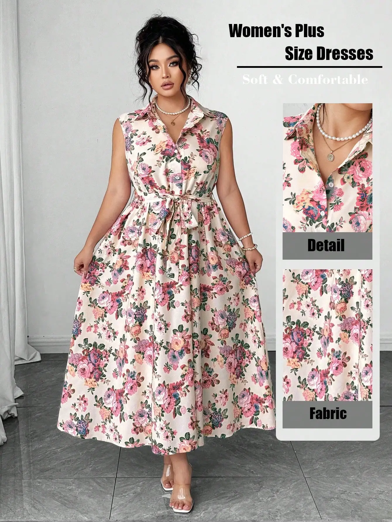 

Plus Size Women's Summer Casual Floral Print Shirt Dress