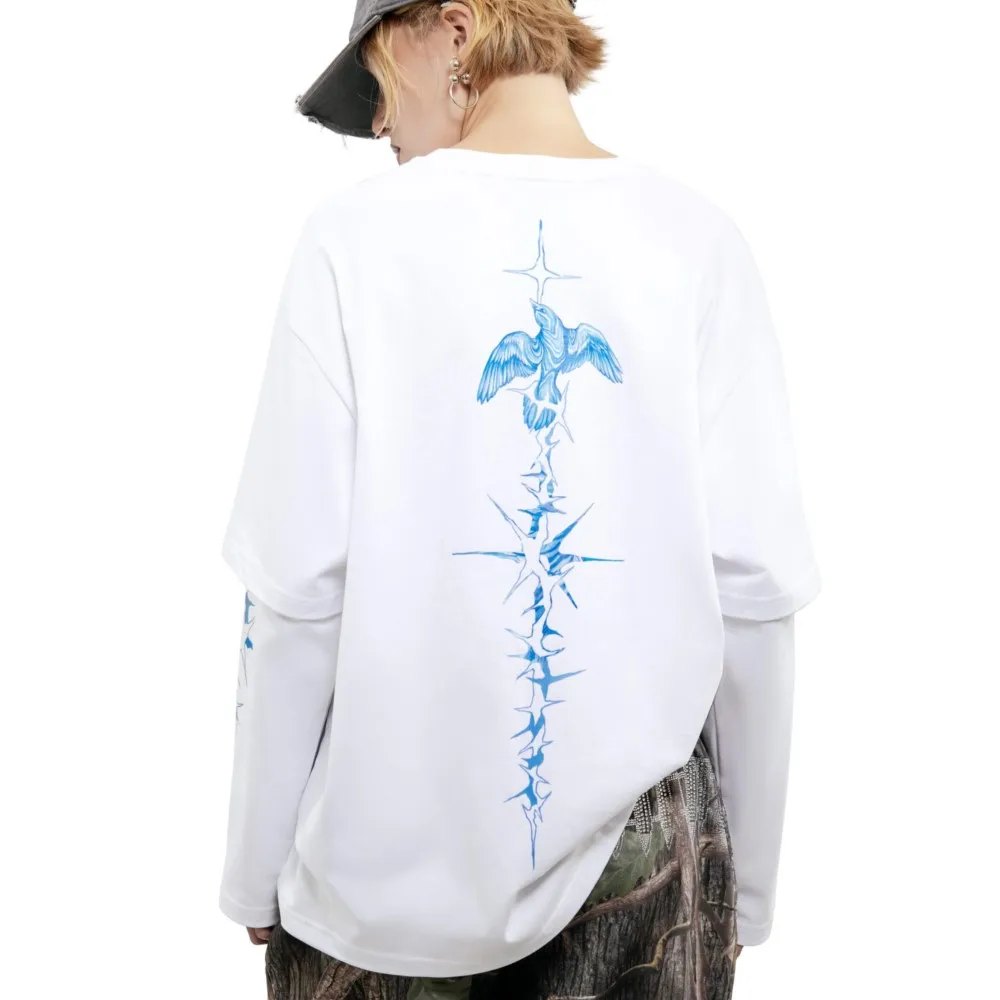 Harajuku Oversized Streetwear Men's Clothing Bright Side Graphic Print Hip Hop Fake Two Pieces Tshirts Long Sleeve Tops Goth Y2k image 3