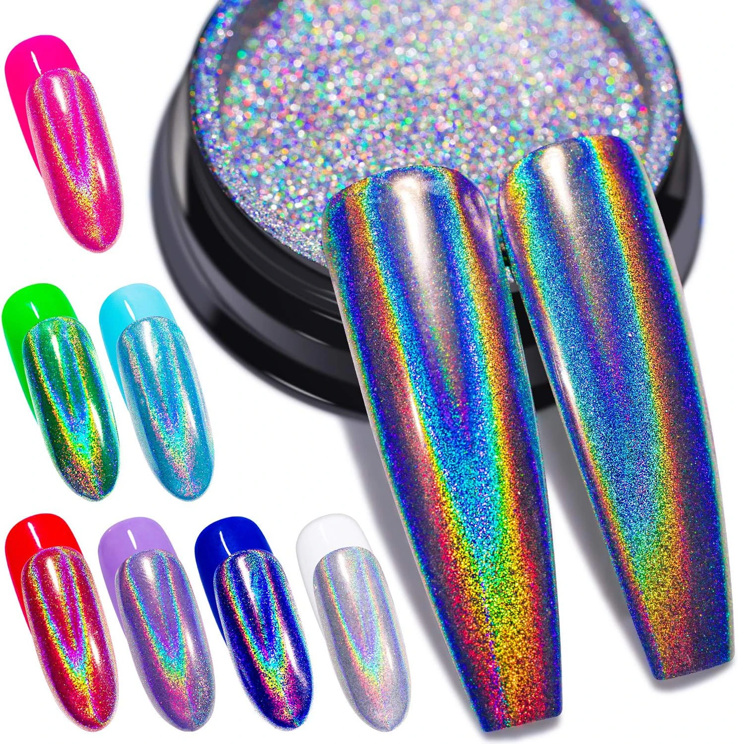 1Jar Holographic Mirror Nail Glitter Powder Extra Fine Laser Effect Chrome Nail Powder Shiny Aurora Mirror Pigment Dust For Nail