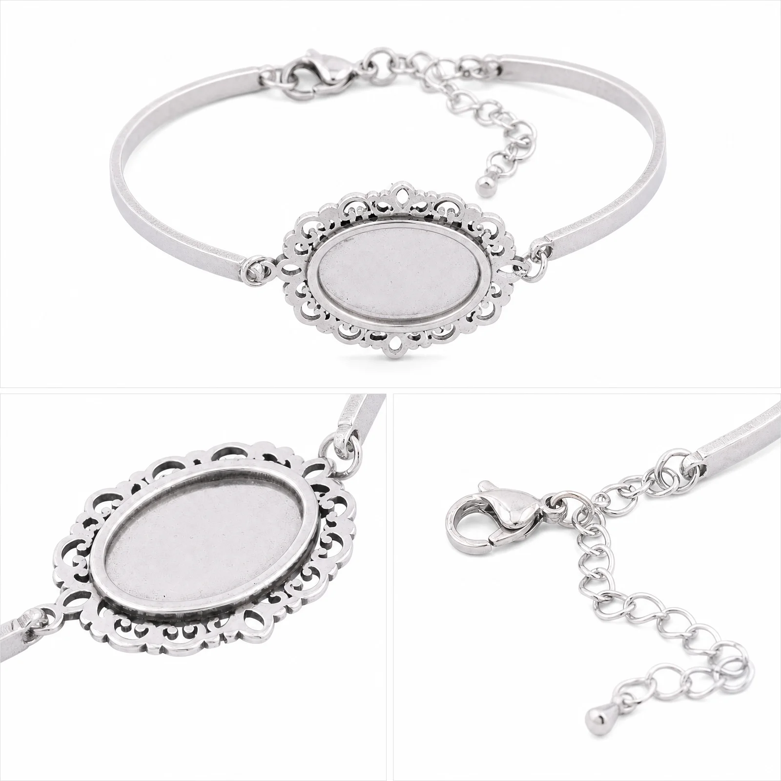 3pcs Stainless Steel Fit 13x18mm Oval  Floral Cabochon Bracelet Base Setting Blanks Diy Cuff Braclets Bezel Findings view 5