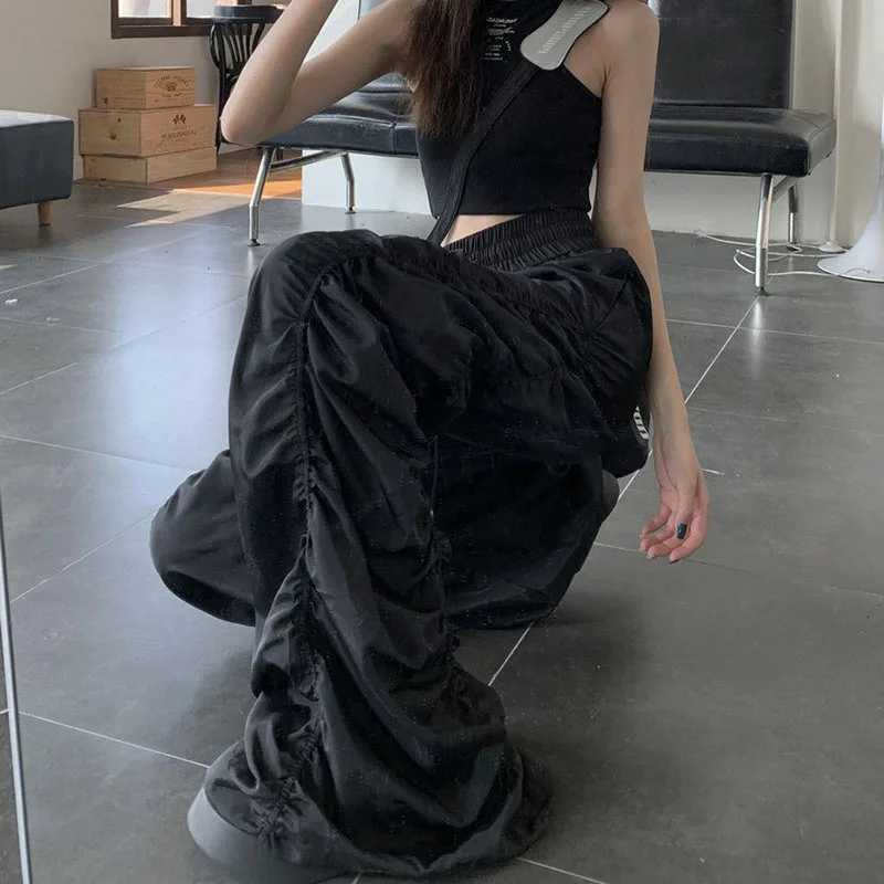 Lucyever Y2K Vintage Folds Wide Leg Trousers Women Diablo Style High Waist Drawstring Full Pants Unisex Bf Baggy Casual Pants