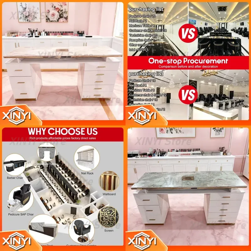 Luxury Modern Nail Table for Salon Storage Drawer Pink Marble Countertop White Frame Gold Decoration Eco Friendly Nail Salon