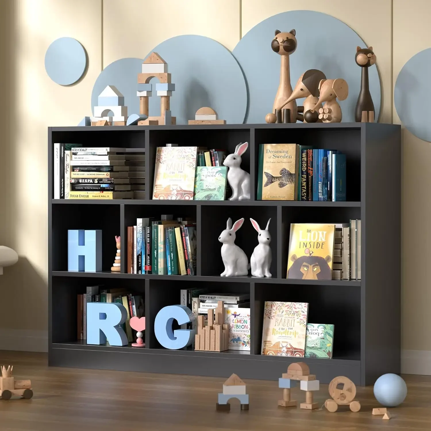 Castle Black Bookshelf, 3-Tier Open Shelf Bookcase, 10 Cube Storage Organizer with Anti-Tilt Device, Freestanding Horizontal Boo