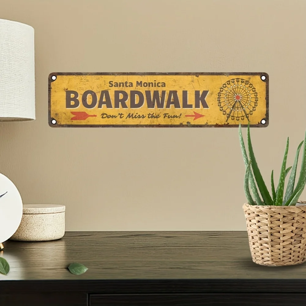 Placa de Metal Vintage 2D Plana, Praia de Santa Mônica, Decoração para Bar e Café - Decoração Retrô com Texto em Inglês, Ideal para Jardim