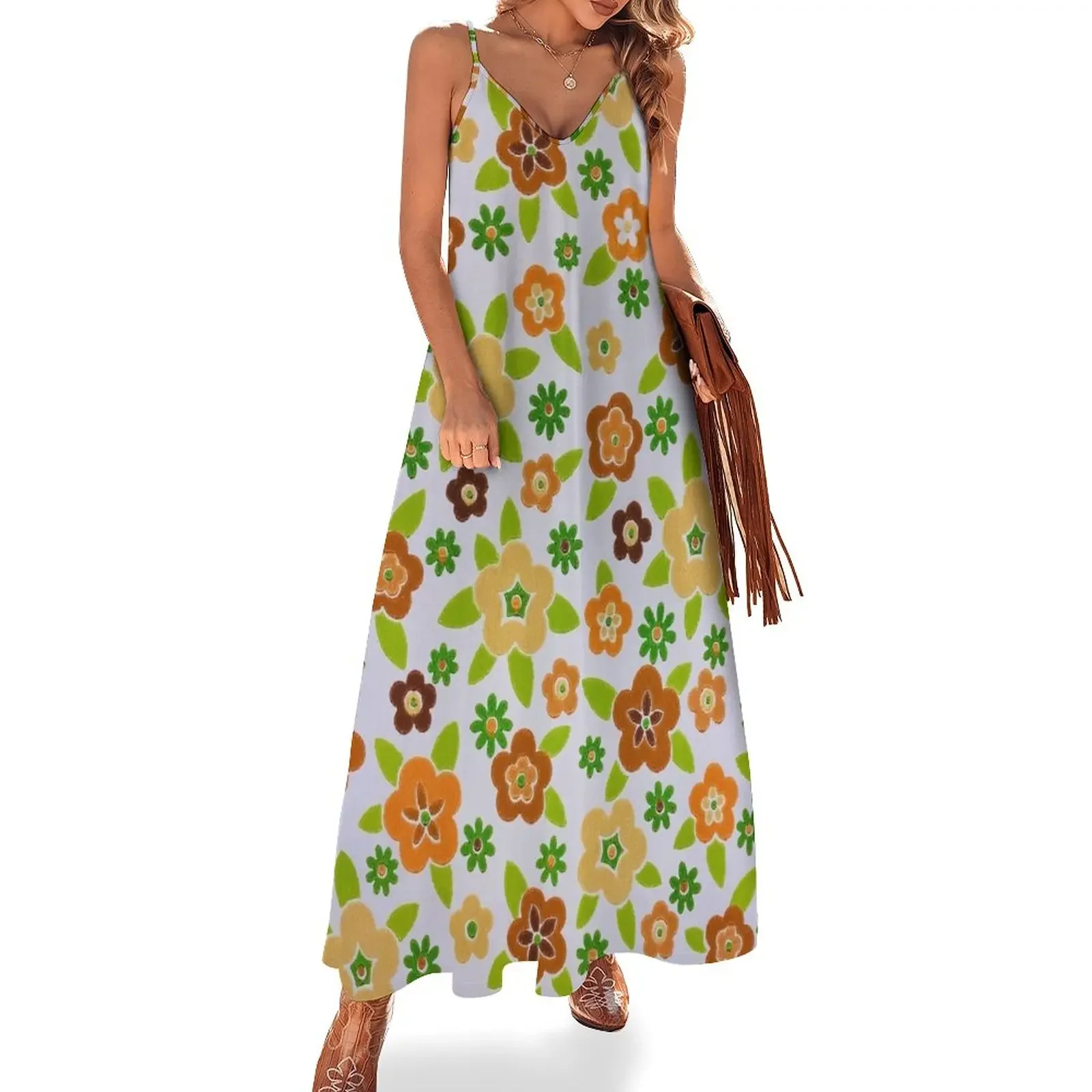 

60s Printed-On Flower Design Sleeveless Dress party dress women elegant luxury Women's summer long dress