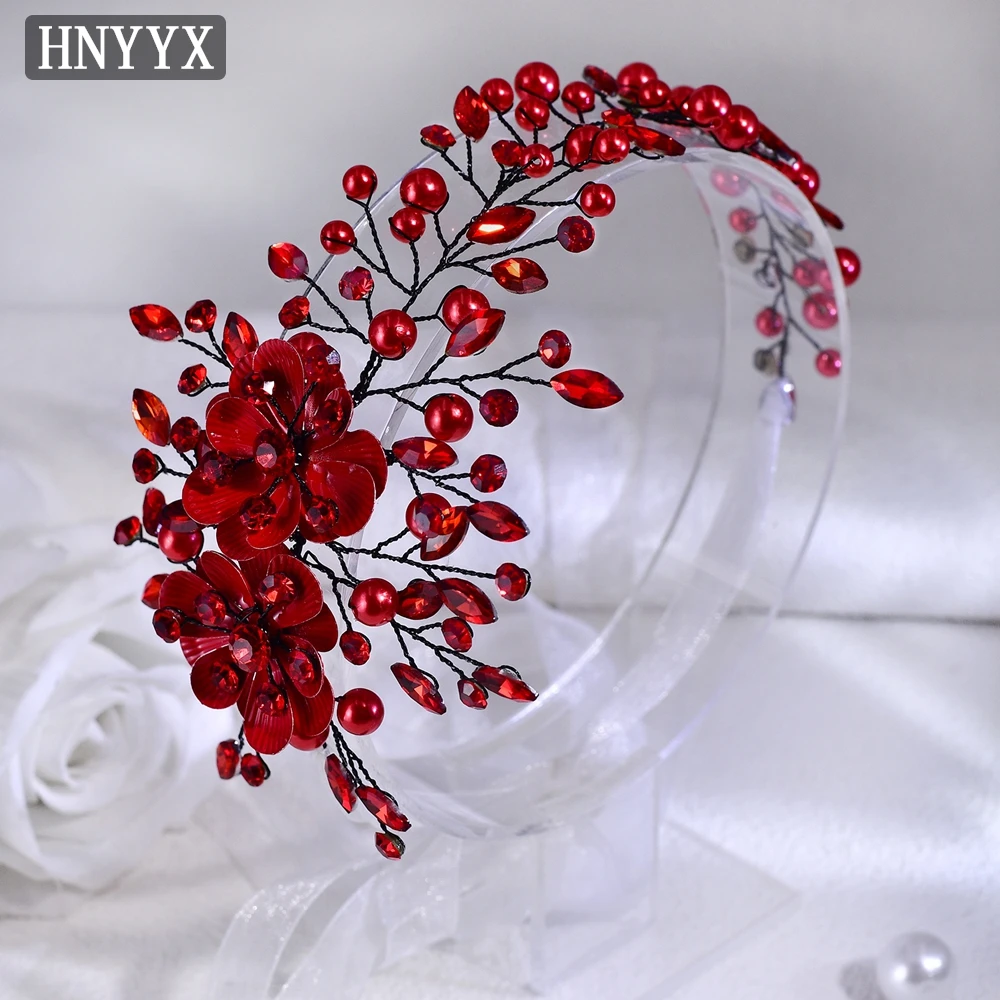HNYYX Pearl Crystal Flower Headband Women\'s Red Hair Accessories Bridal Party Queen Wedding Headpieces Jewelry Hair Tiara A265