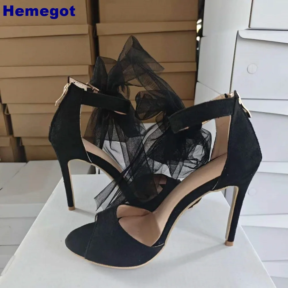 Sandalias de terciopelo de malla con punta abierta para mujer, zapatos de tacón de aguja de lujo para banquete, boda, Negro, Rojo, talla grande