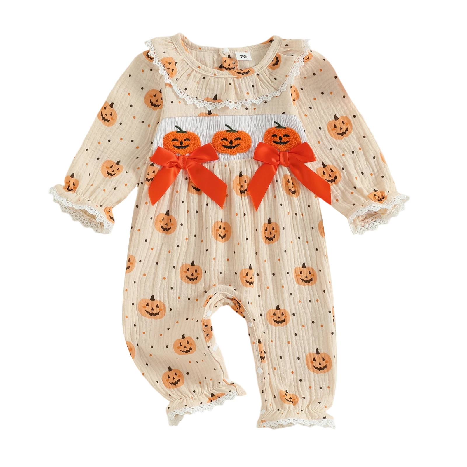 

Комбинезон с тыквой на Хэллоуин для маленьких девочек, комбинезон с длинными рукавами и копченостями для жуткого милого образа