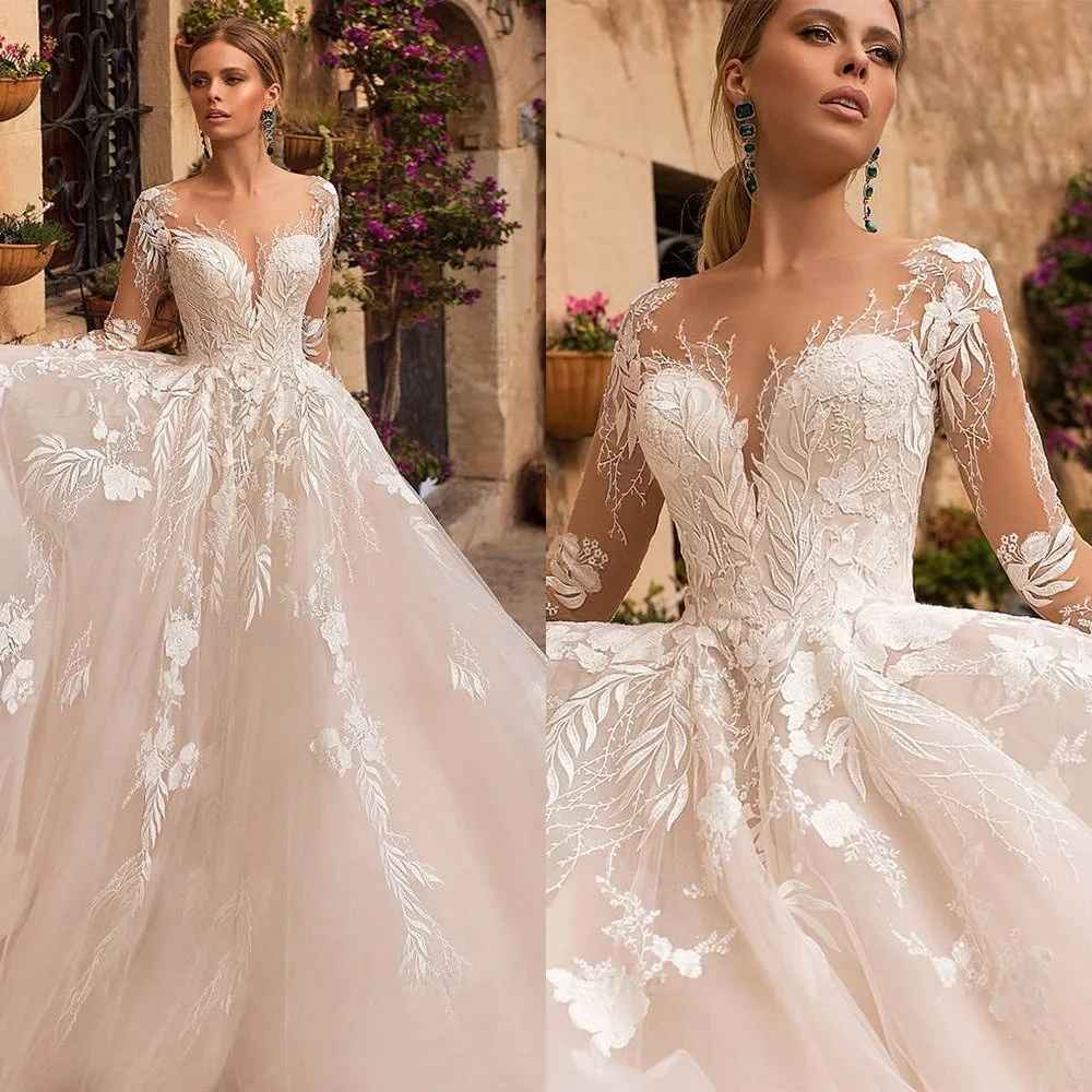 

Customized High Quality Wedding Dresses Modern O-Neck Long Sleeves Dresses Wedding Dresses Temperament Bespoke Occasion Gown