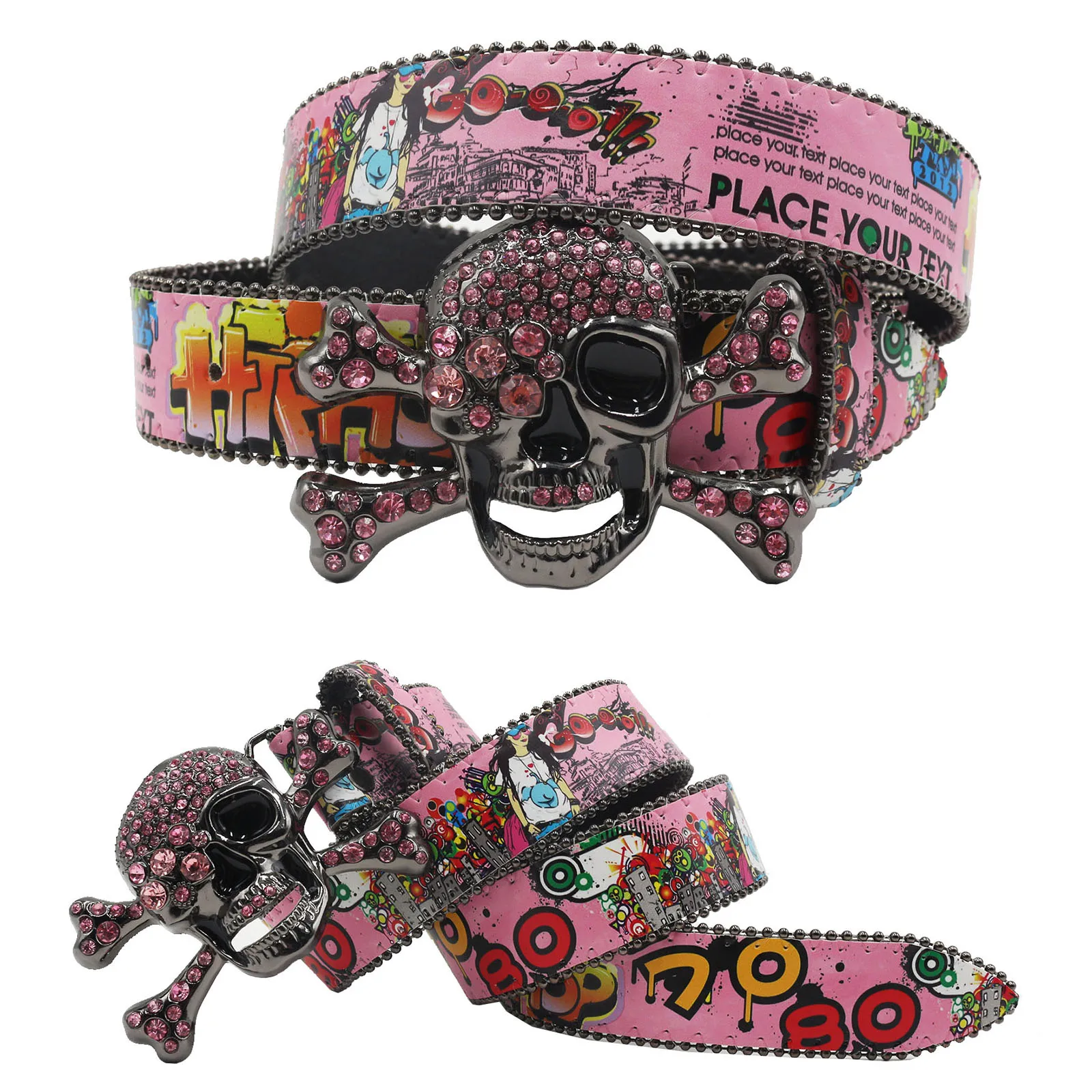 Big Skull Punk Black Rhinestone Belt Ladies Designer Belt Diamond Soldier Belt Western Cowboy Y2K Fashion Belt Hip Hop Graffiti