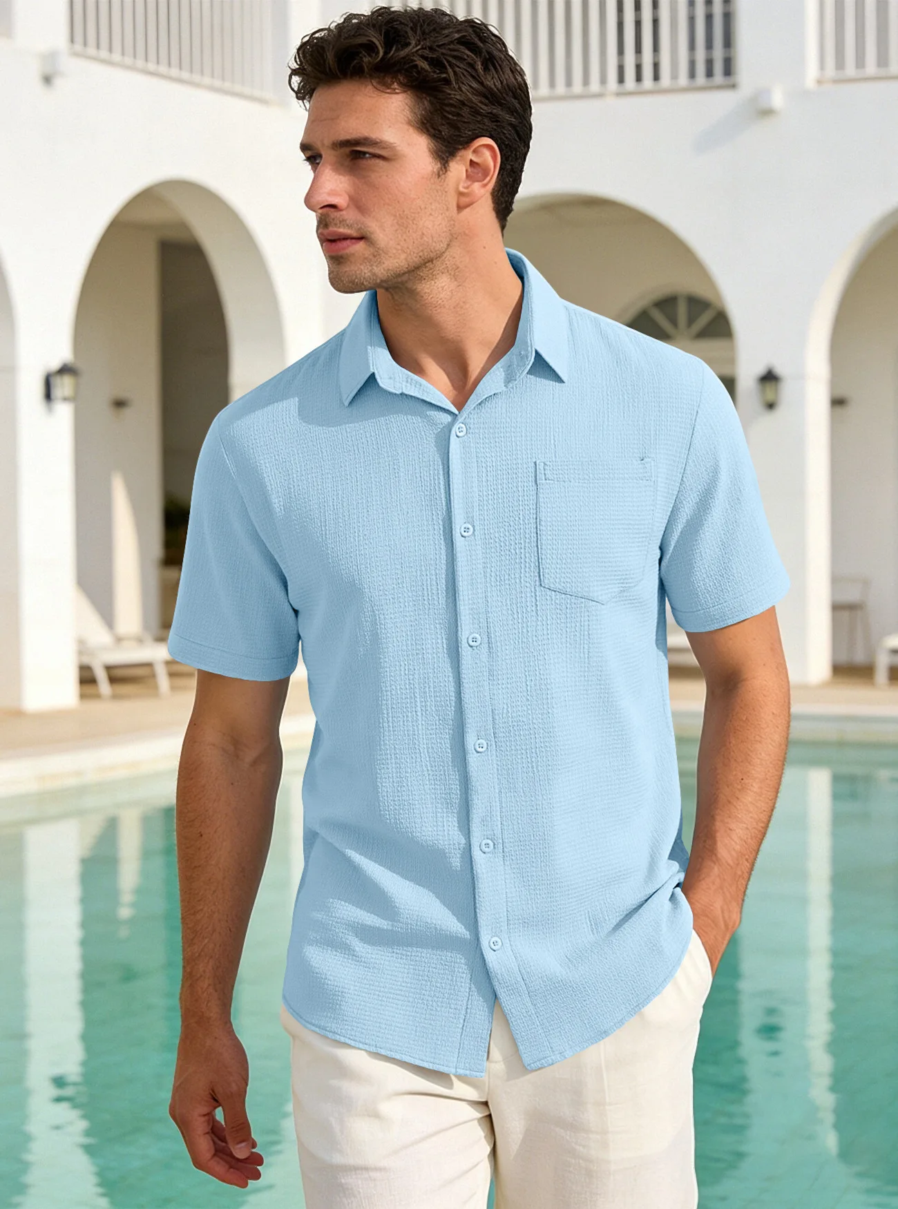 Summer men's short-sleeved plain-color breathable jacquard patterned collar button-down short-sleeved casual outdoor shirt