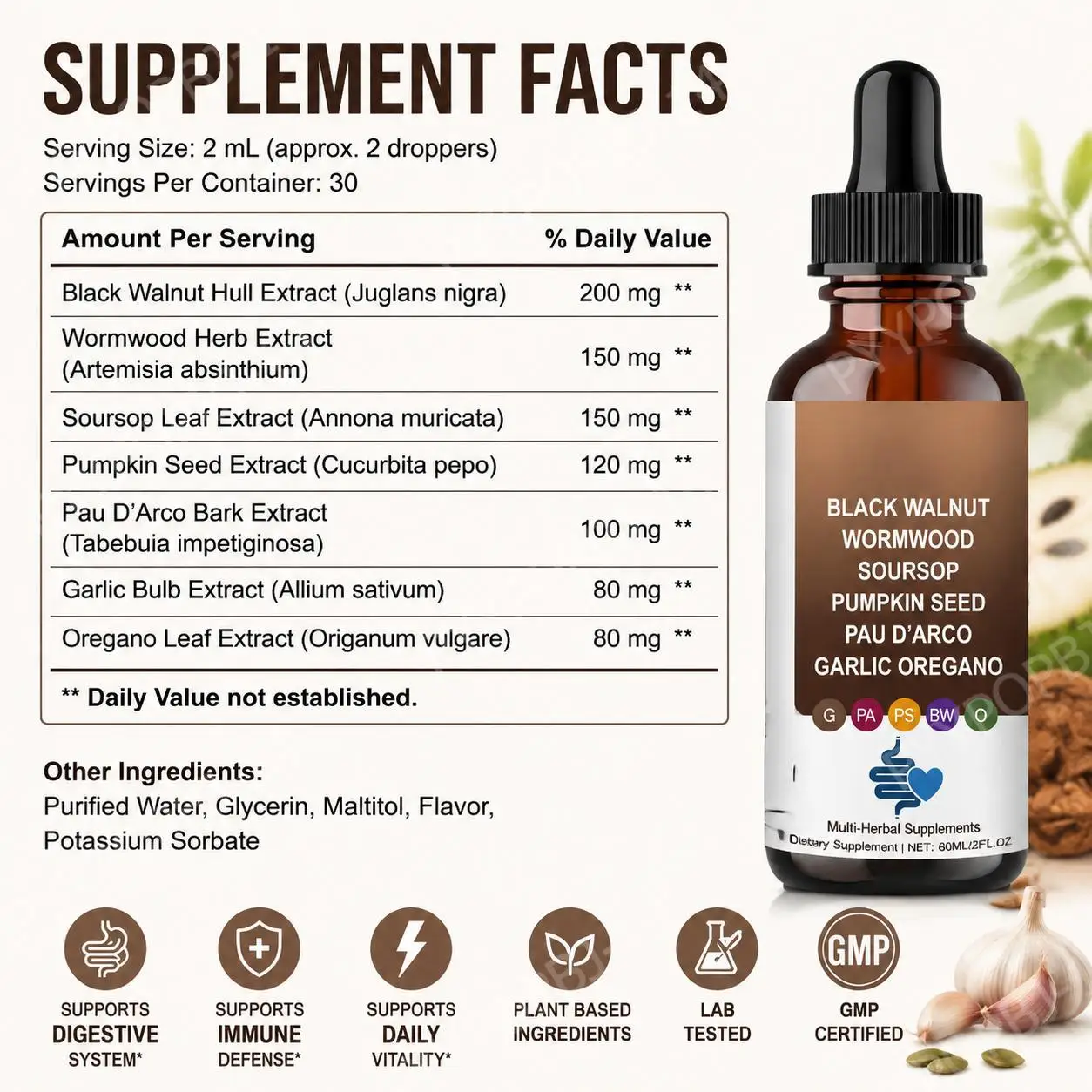 Multi-Herbal Immune Defense Drops with Black Walnut Extract, Wormwood, Soursop, Pumpkin Seed, Pau D'Arco, Garlic, Oregano, 60 ML