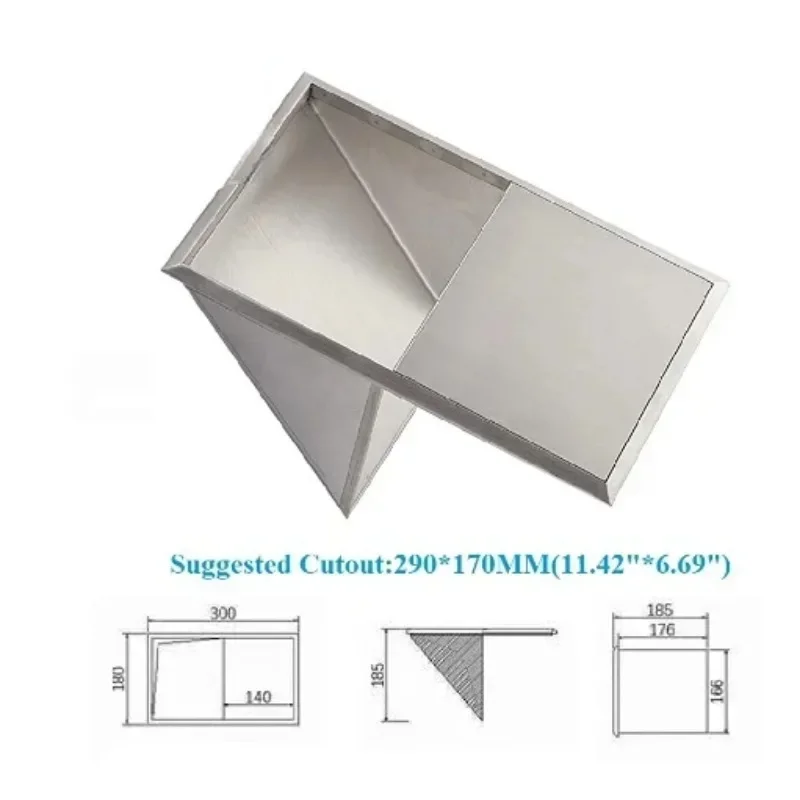 304 Stainless Steel Rectangle Built-in Countertop Desktop Benchtop Half Open Waste Trash Chute