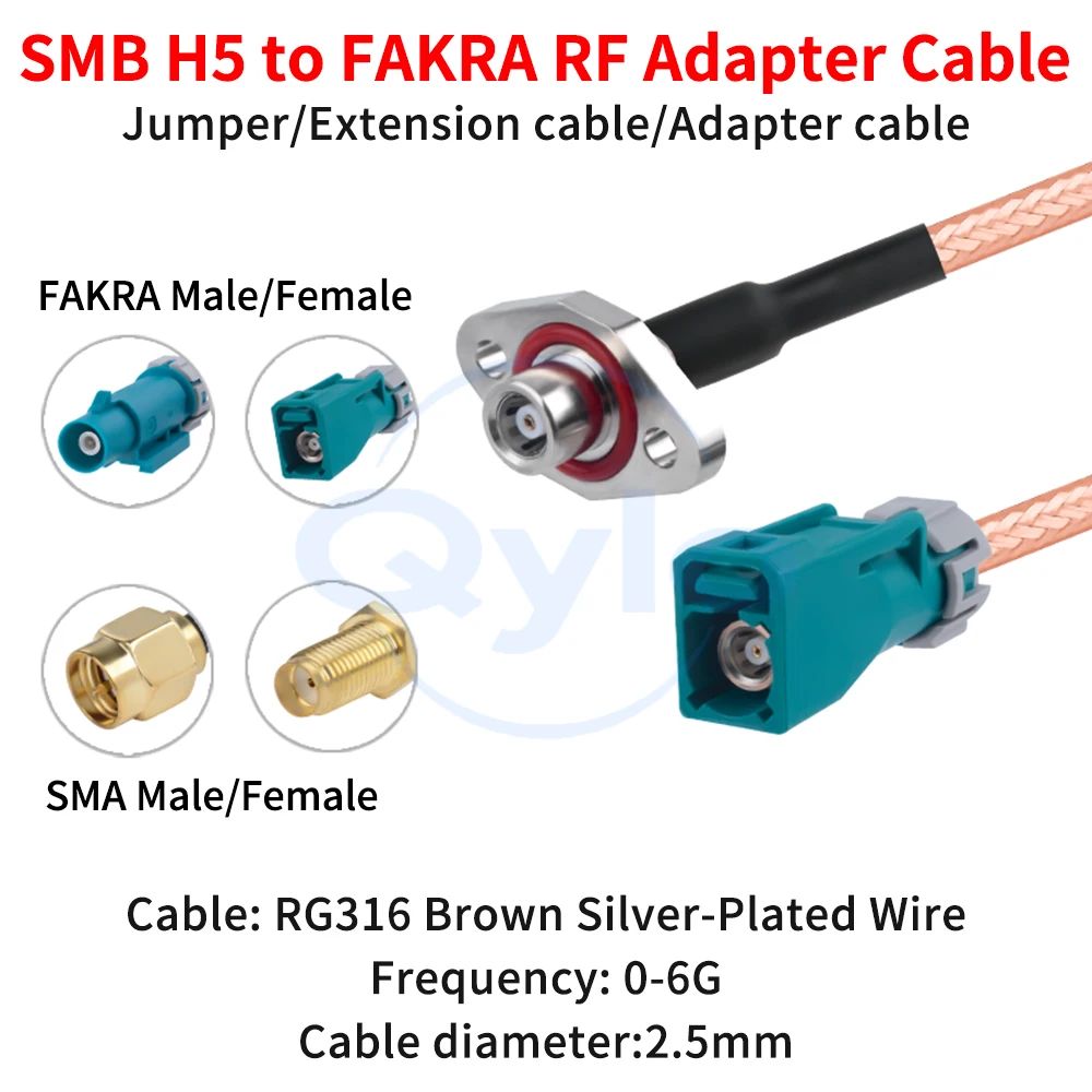 SMB H5 to FAKRA Waterproof Male/Female Connectors with RG316 Silver-Plated Cable Vehicle 360-Degree Panoramic Camera Cable 1 pcs