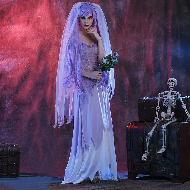 

Ladies Purple Zombie Bride Costume - the Walking Dead Horror Halloween Fancy Dress Ghost Party Outfit Cosplay for Women