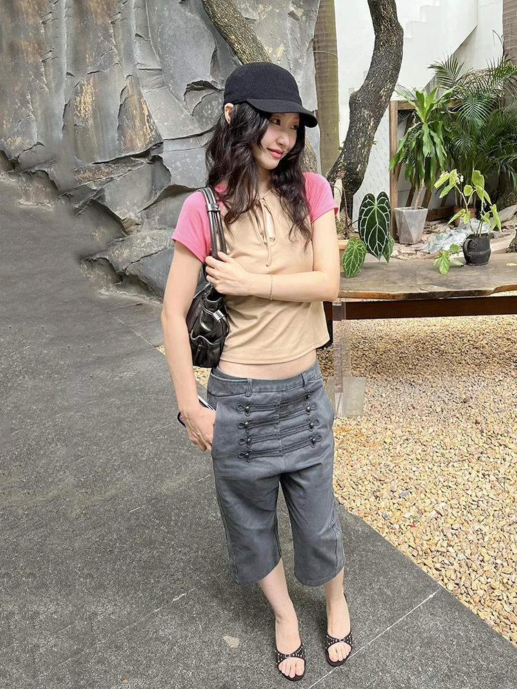 ReddaChic Napoleon Capri Jeans Woman Vintage Gray Do Old Low Rise Wide Leg Straight Cargo Bermuda Denim Shorts Trendy Streetwear view 5