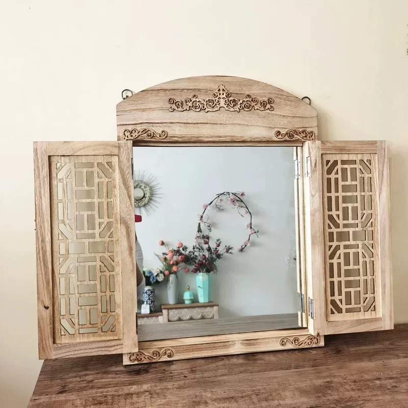 

Antique Chinese Style Wall Decor Wooden Window Mirror with Openable Doors