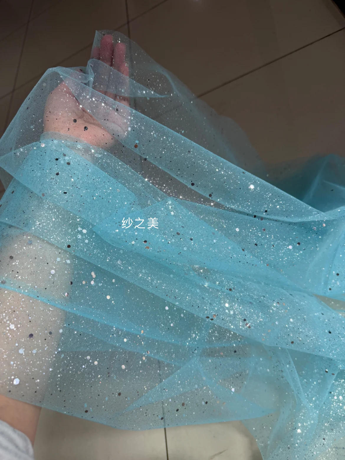 Blue Gray Size Sequins Transparent Mesh Spray Silver Yarn Draping Fabric for Wedding Style Background Sheer Dress Voile Fabric