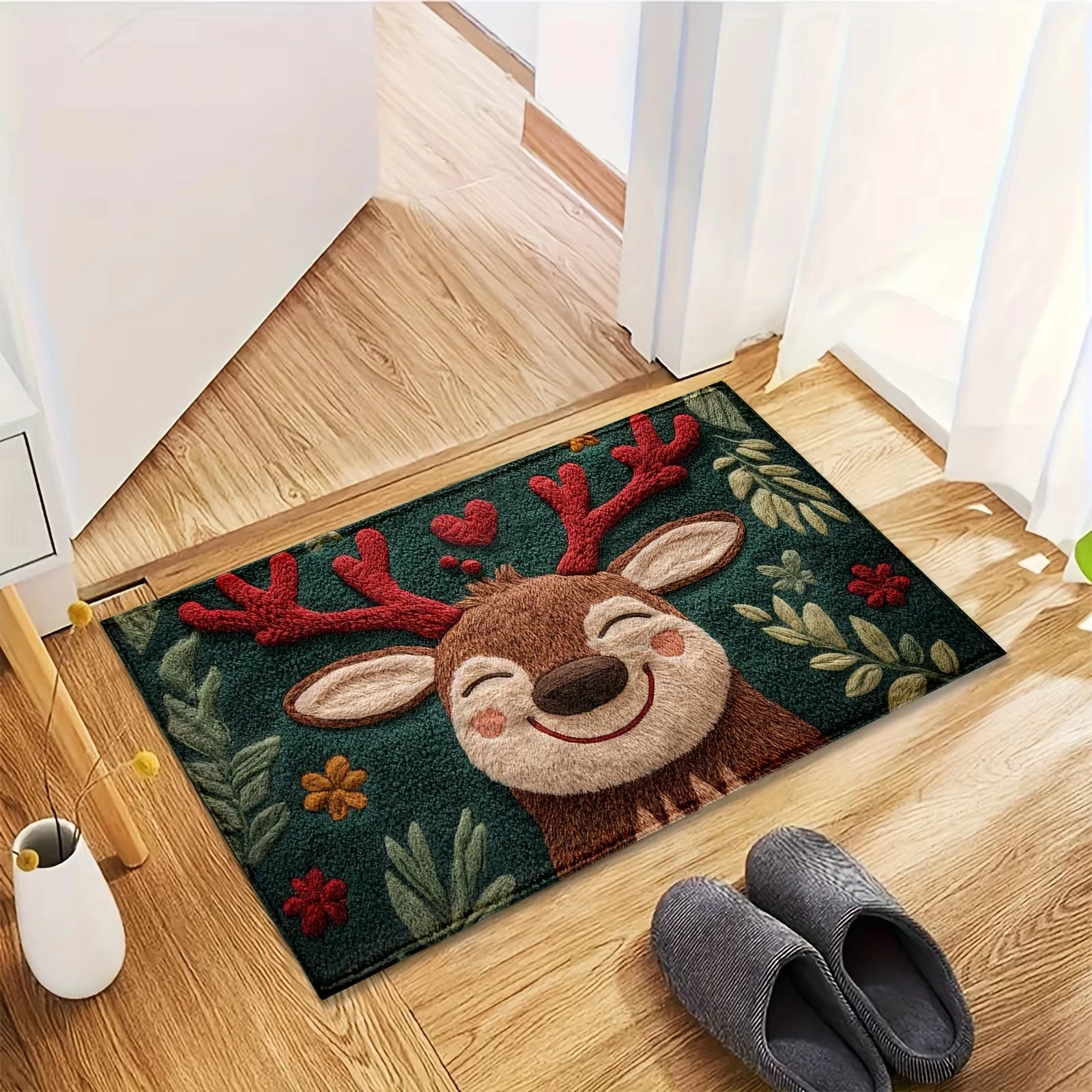 1pc Fluffy Christmas Deer Microfiber Bath Mat - Quick-Dry & Absorbent, Festive Holiday Design with Red Berries & Green Leaves