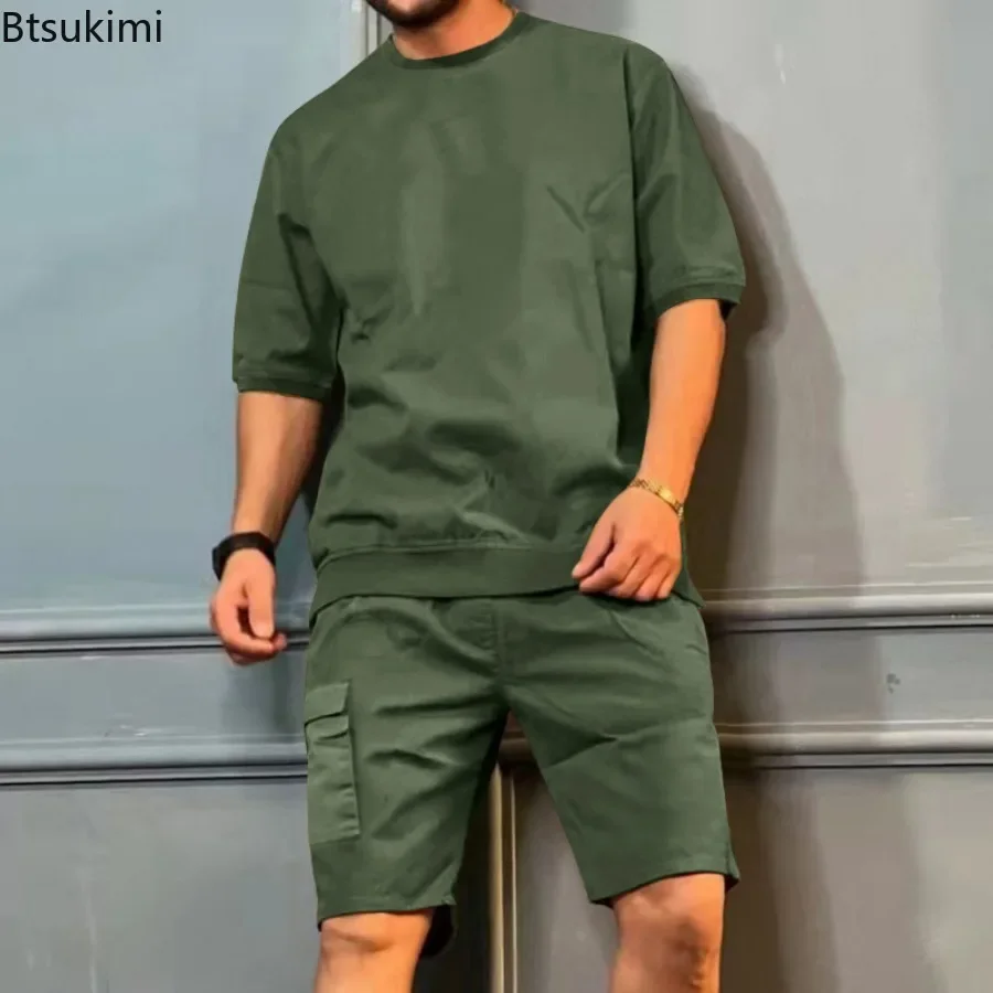 Summer Tracksuits Men's Solid Loose Short Sleeve Tops Multi-pocket Cargo Shorts Two Pieces Fashion Casual Sport Fitness Outfits