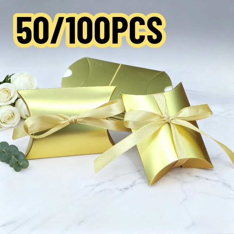 50/100PCS Gold Pillow Candy Paper Box Gift Packaging Box Wedding Birthday Christmas Party Gift Candy Packaging Decoration