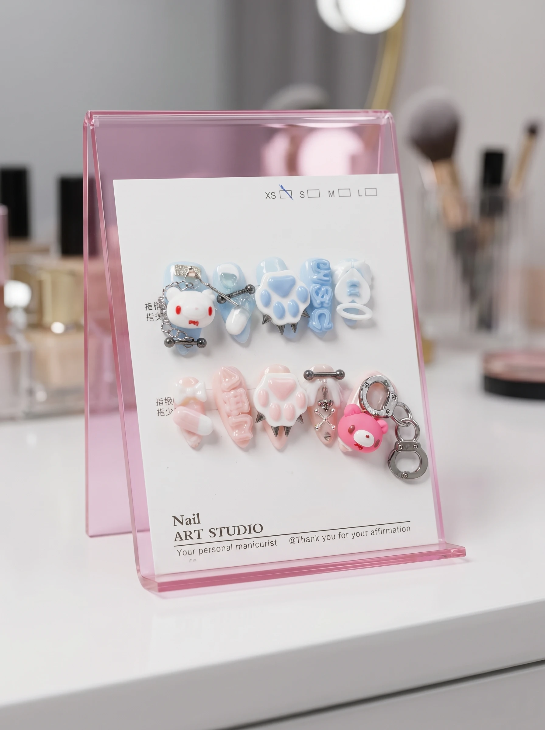 Cute Bear Claw Handcuff Press On Nails Y2K Kawaii Blue Pink Fake Nails With Chain For Women Reusable