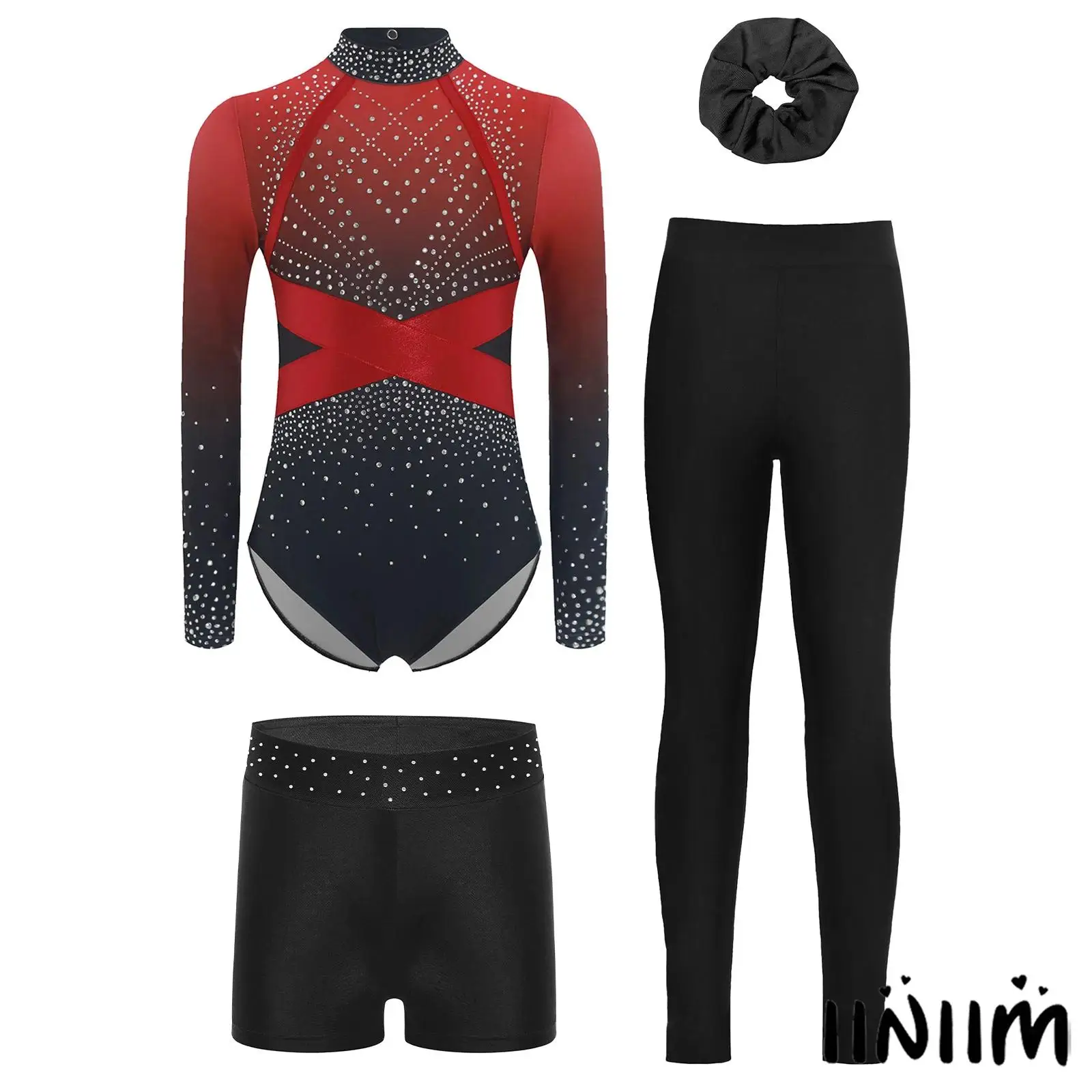 

4Pcs/Set Kids Girls Lyrical Dance Performance Costume Long Sleeve Color Block Leotard+Shorts+Leggings+Headwear Ballet Dancewear