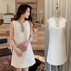Quality Autumn Winter Fashion French Celebrity Sequin Prom Dress Women Pearls Beaded Tweed Dresses Lady