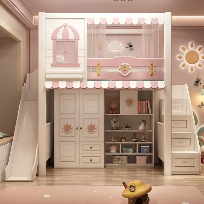 Combination of upper and lower tables: children's bed, upper and lower beds, two-layer desks and wardrobes