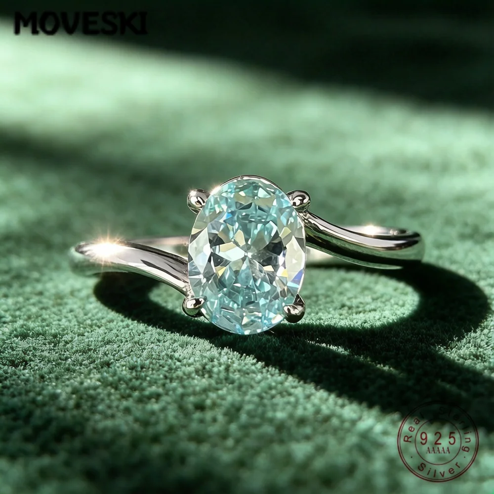 925 Sterling Silver Oval Aquamarine Color Premium Cubic Zirconia Ring Twist Shank Party Ring For Women