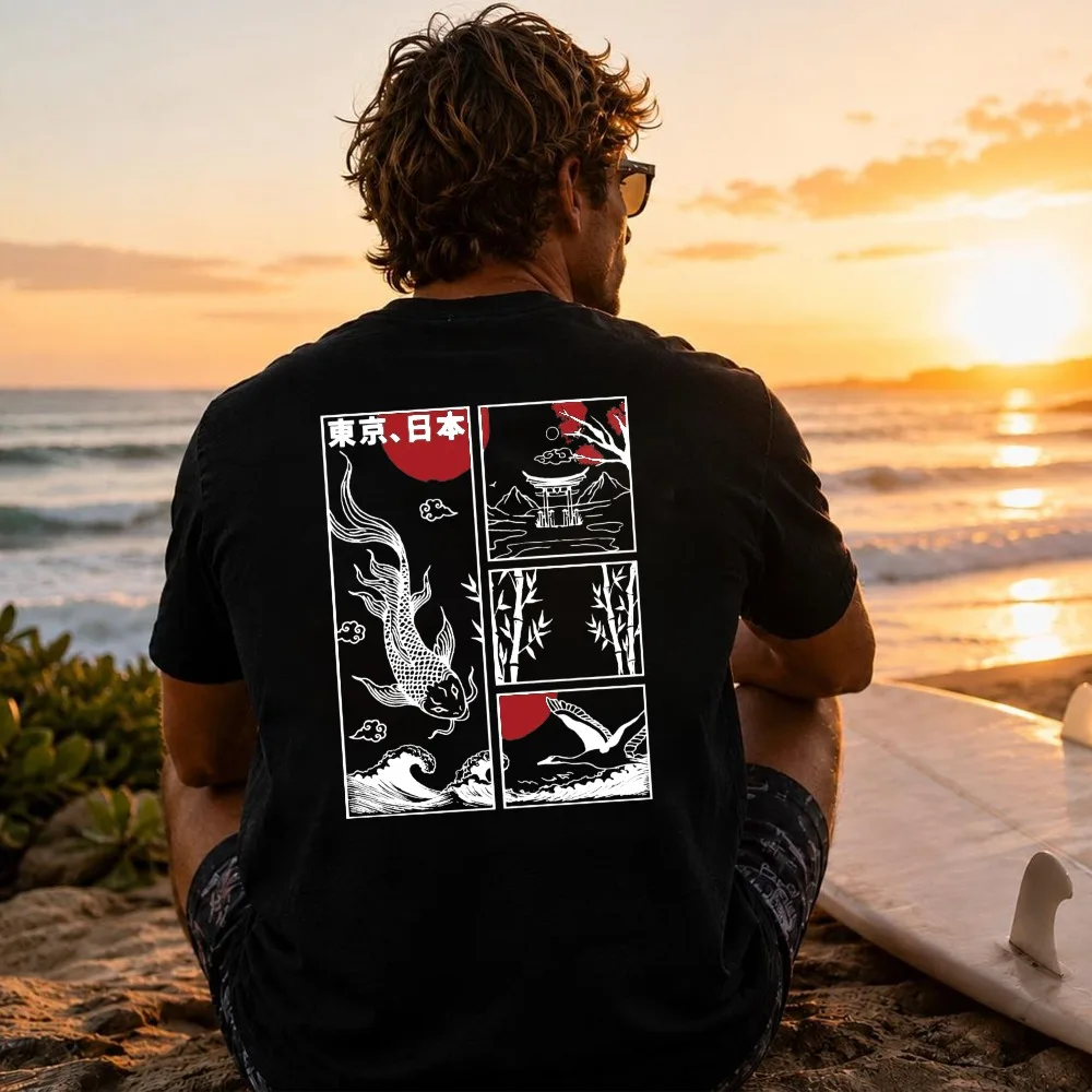 Men's Japanese Koi Fish & Bamboo Print T-Shirt Short Sleeve Crew Neck Casual Top Semi-Sheer Regular Fit for Summer Tops  Tshirt
