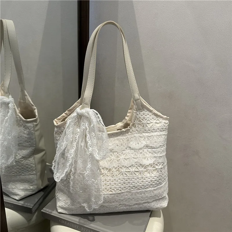 

Casual Lace Female Large Capacity Tote Bag Simple Mesh Women's Portable Shoulder Bags Sweet Hollowed Out Ladies Vacation Handbag