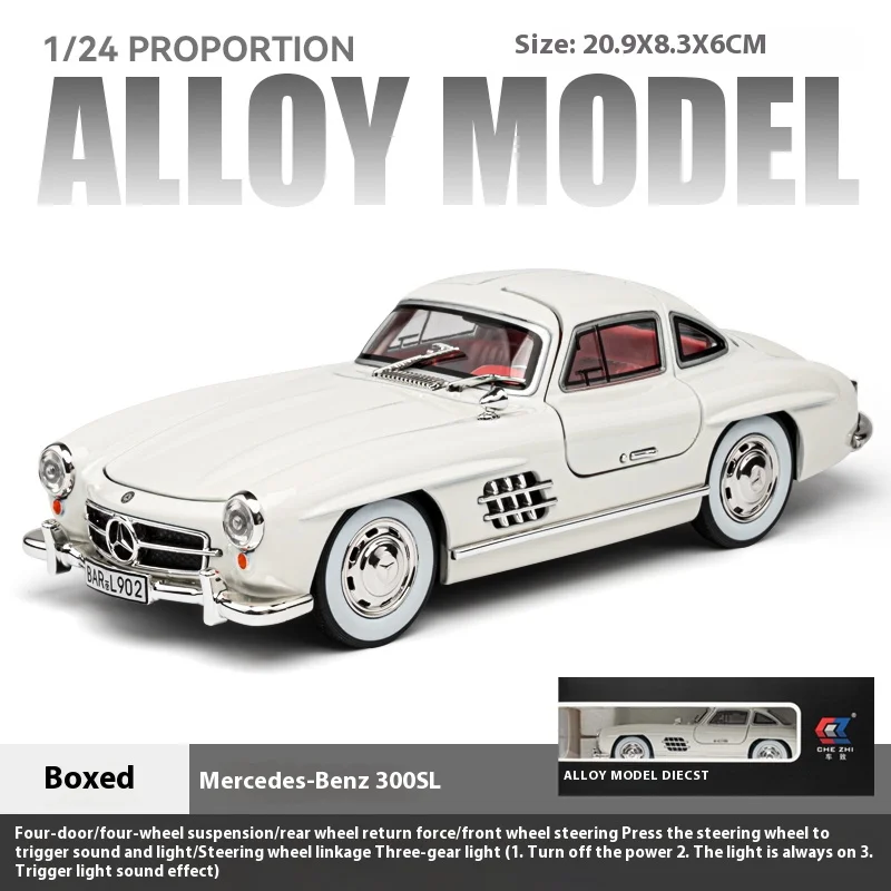 1:24 Mercedes Benz 300SL Classic Car Alloy Metal Diecast Car Model Sound & Light Collect Hobby Desktop Decorative Ornament Gift