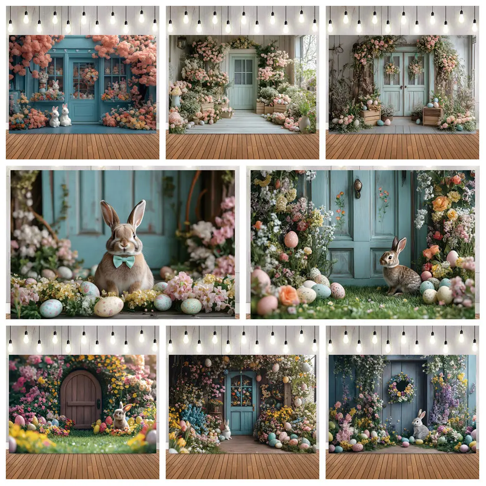 

Easter Floral Door Bunny Egg Photography Background Photo Backdrop for Baby Portrait Birthday Party Home Decoration Studio Props