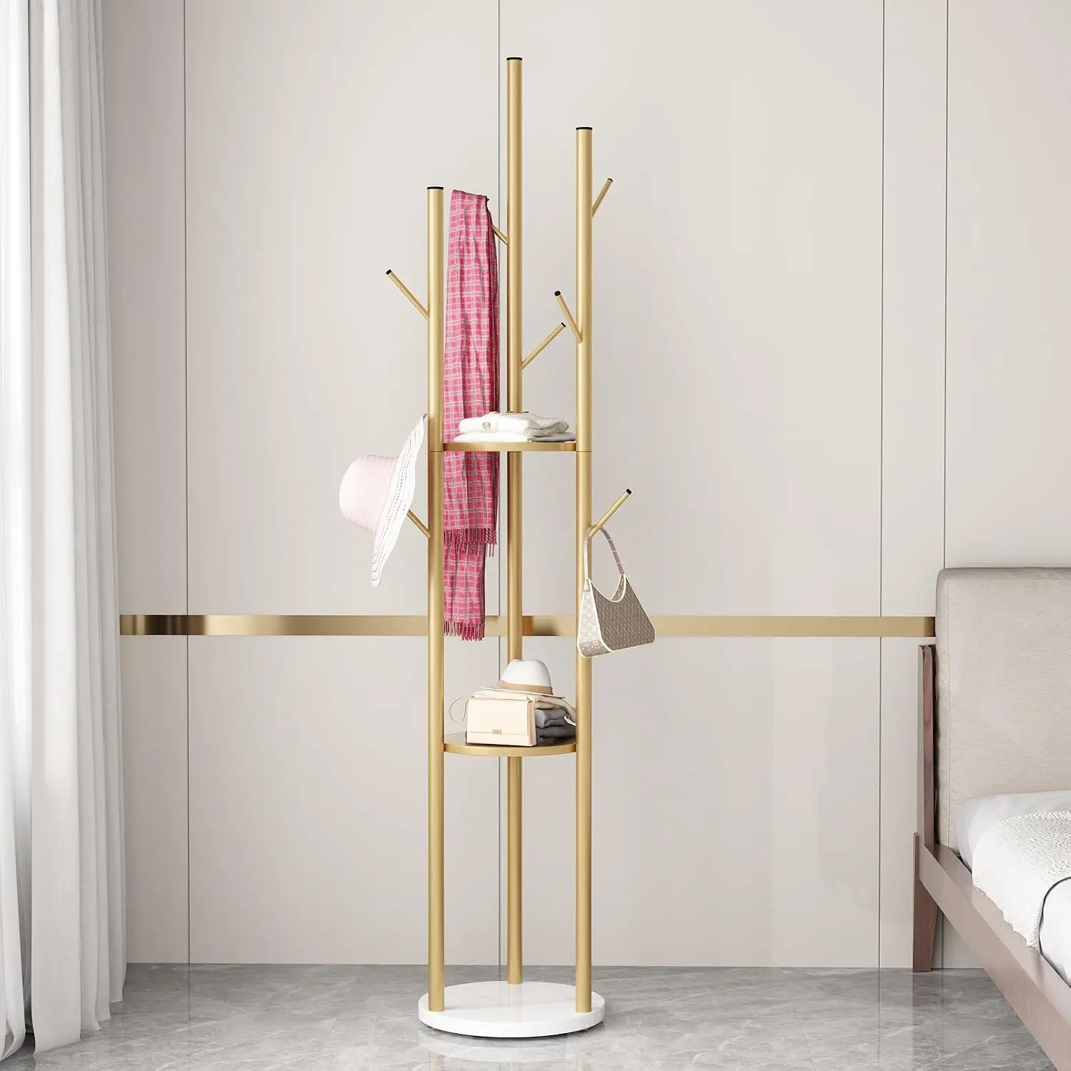 Gold Coat Racks Freestanding with 9 Hooks, Metal Coat Stand with Heavy Marble Base, Entryway Coat Tree Hanger, Purses Racks