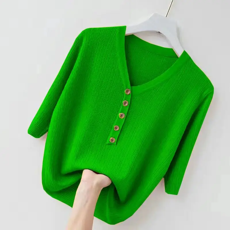 Summer New Knitting Solid Color Pullovers V Neck Short Sleeve All-match Short Sweaters Tops Fashion Temperament Women Clothing
