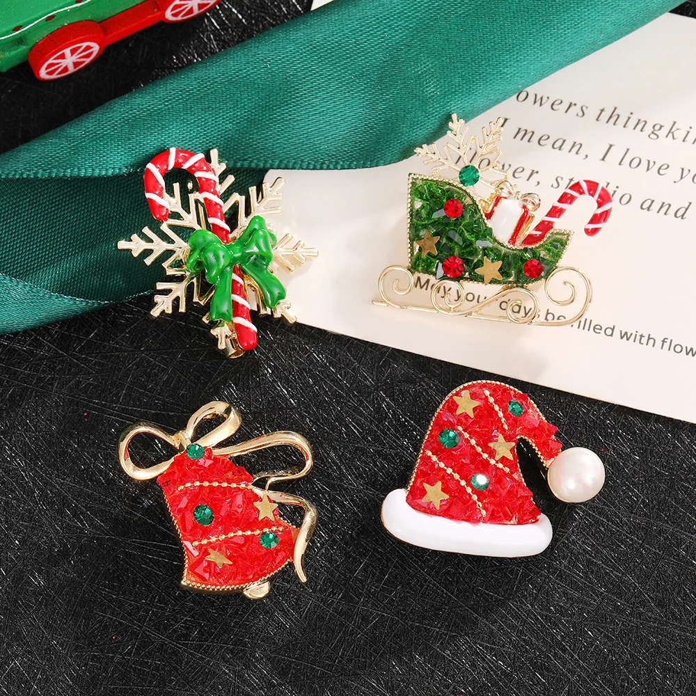 2Pcs Set Christmas Snowflake Alloy Lapel Pin Rhinestone Santa Hat Bell Brooch Unisex Holiday Jewelry Xmas Party Accessory Gift