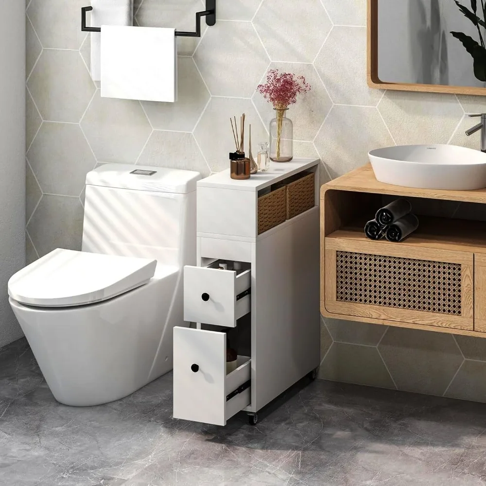 خزانة تخزين الحمام الضيقة المتدحرجة مع درجين وسلتين لمنظم جانبي