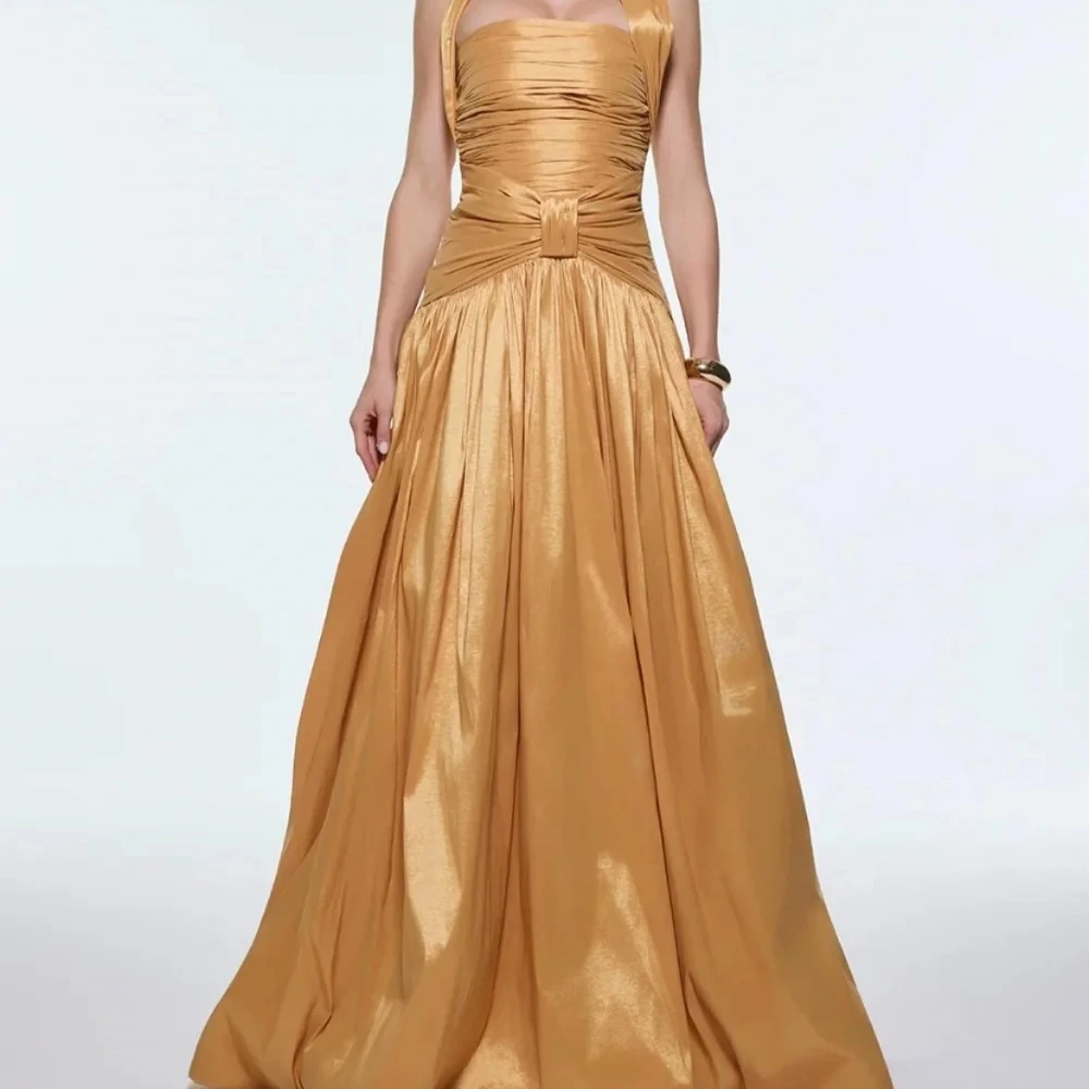 

Customized Modest Fashion Sash Pleat Ruched A-line Halter Floor-Length Evening Dresses For Birthday Party Exquisite