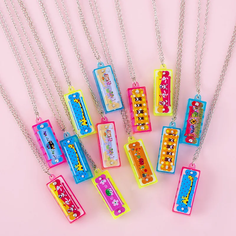 10Pcs Cartoon Mini Harmonica with Necklace Musical Instrument Toys for Kids Birthday Party Favors Baby Shower Pinata Fillers