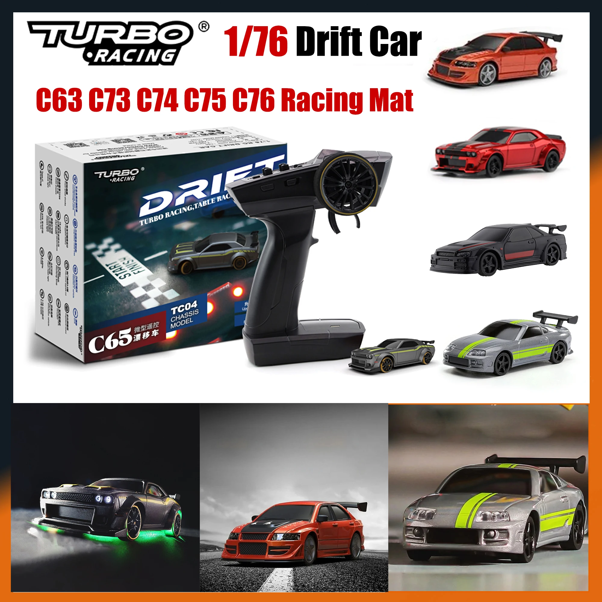 

TURBO RACING 1/76 Mini RC Drift Racing Car C65/C73/C74/C75/C76/Racing Mat 2.4Ghz Transmitter Remote Control Portable Table Toy
