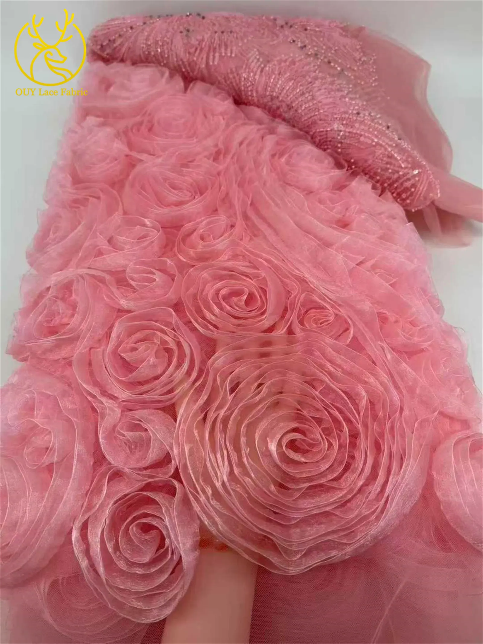 Latest African Beaded Sequins Lace Fabric 3D Tulle Fashion Lace Fabric Ideal for Wedding Party Dresses and Bridal Gowns